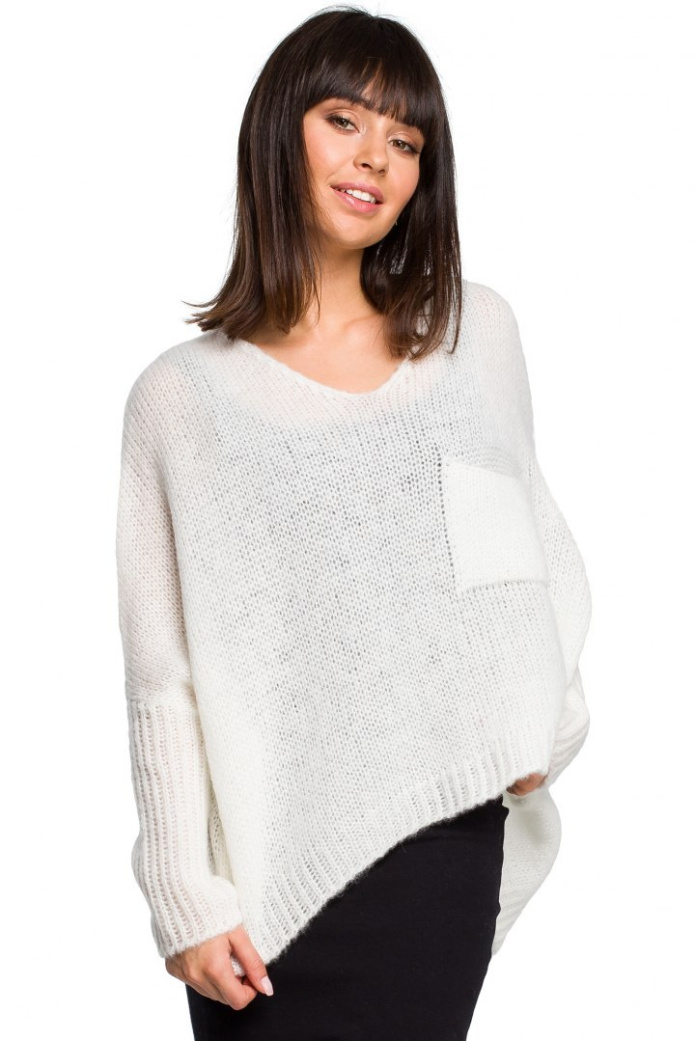 Sweter Damski - Luźny Oversize Dekolt V - ecru